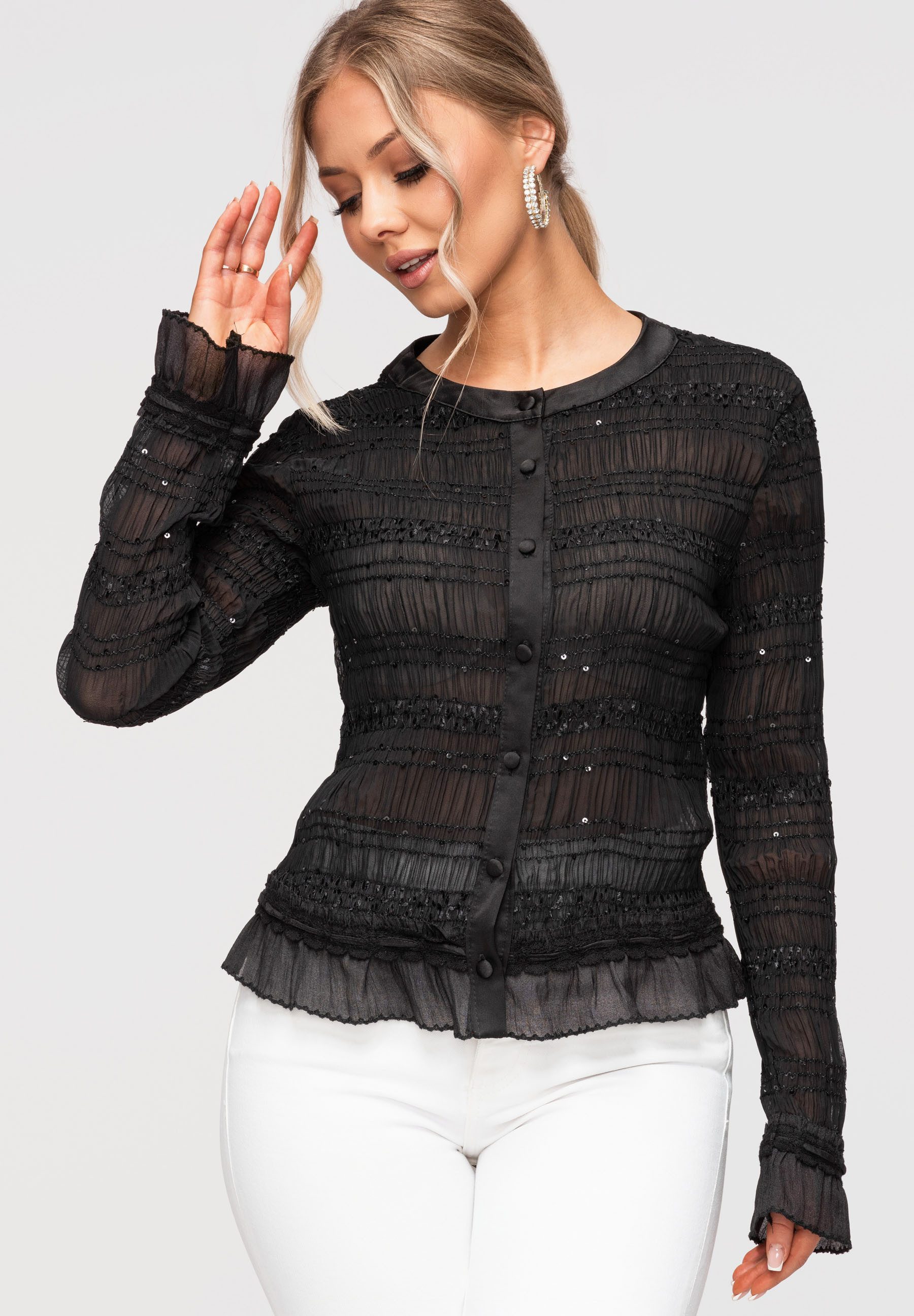OMBRE Langarmbluse Damen Bluse Langarm Elegant Chiffon Schwarz M/L (kein Set, 1-tlg) Strukturiertes Gewebe, halbdurchsichtig