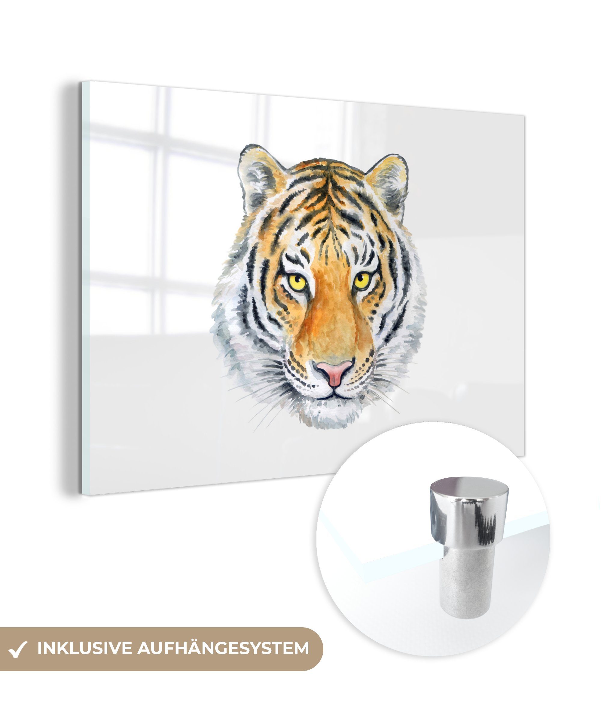 MuchoWow Acrylglasbild Tiger - Kopf - Gelb, (1 St), Acrylglasbilder Wohnzimmer & Schlafzimmer