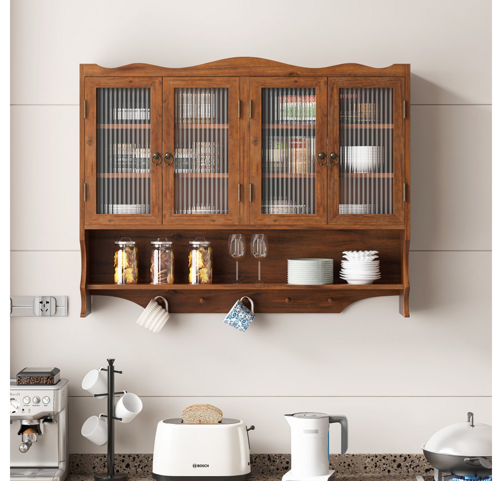 BBWL Hängeschrank aus Massivholz mit 4 Türen, Glasfront, Ablagen & Hakenleiste Retro Wandschrank 100cm für Bad Küche Esszimmer