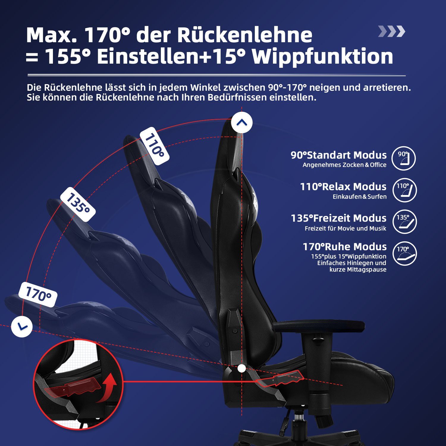 Hiazurm Gaming-Stuhl Gaming Stuhl, Bürostuhl Ergonomisch Wippfunktion bis zu 170° (Gaming Chair mit gepolsterten Armlehnen, 10 cm Höhenverstellung), Verstellbar – Bild 4 von 5