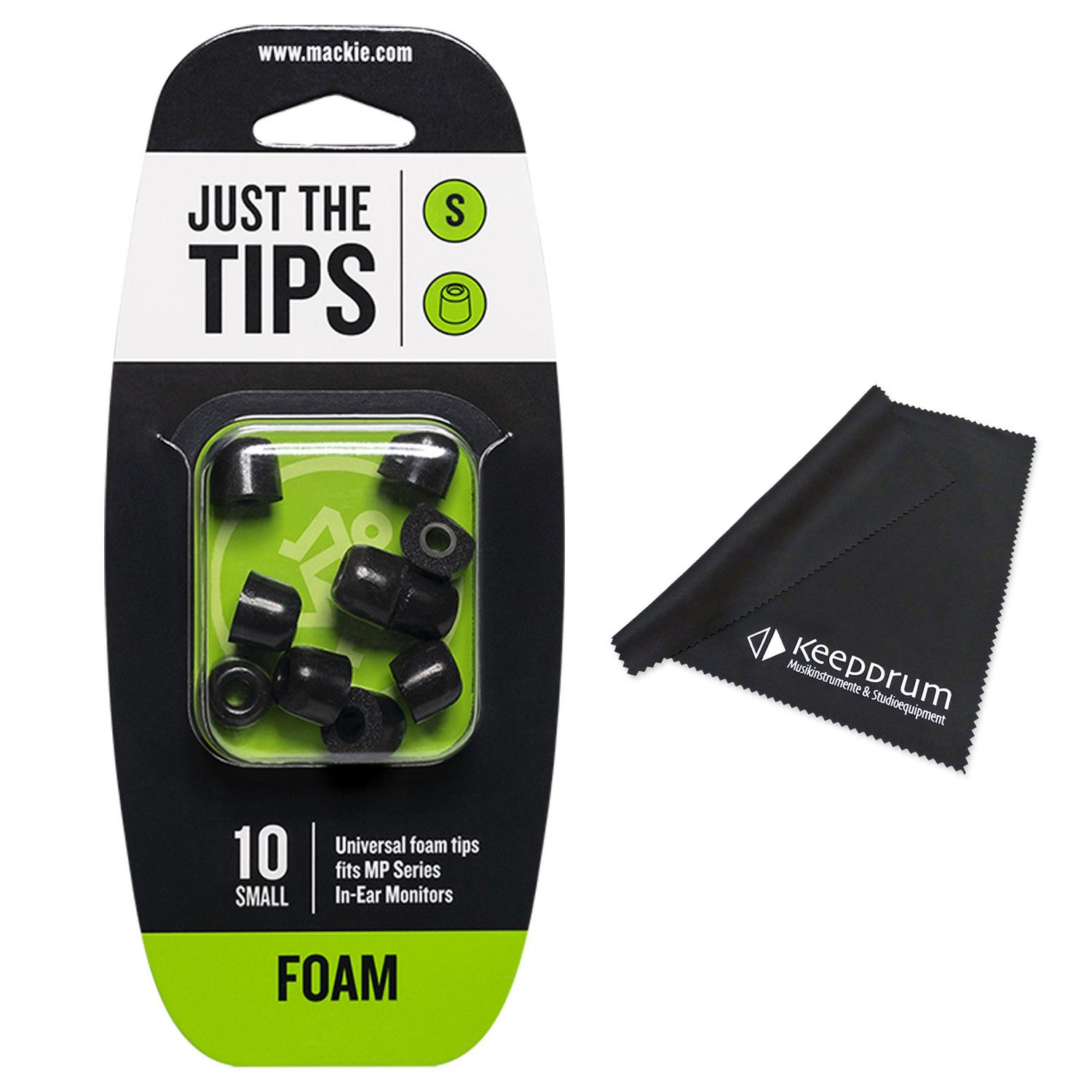 MACKIE Mackie Öhrstöpsel für In-Ear Kopfhörer Größe S mit Tuch In-Ear-Kopfhörer (Öhrstöpsel für In-Ear Kopfhörer, schwarz, Vorteils-Set mit Tuch)
