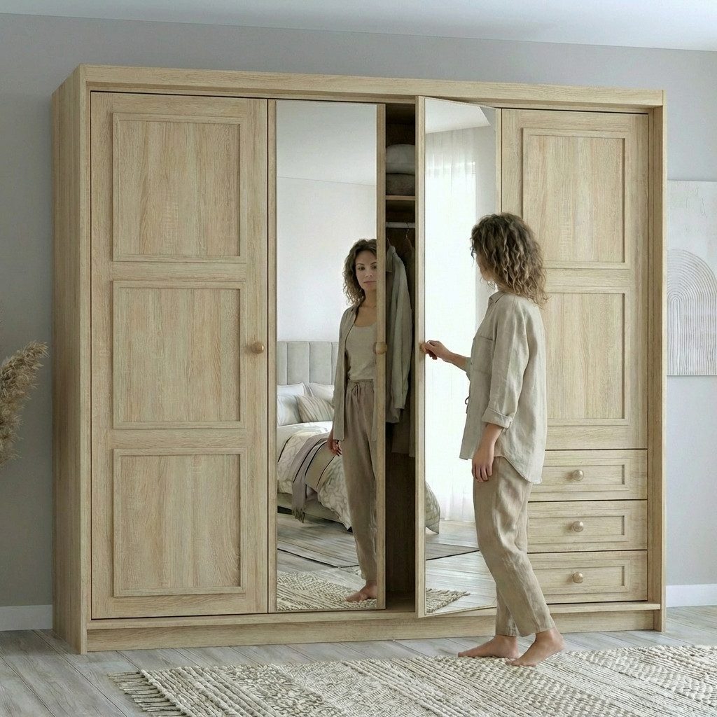 A&J MöbelLand GmbH Drehtürenschrank OSLO viertüriger Kleiderschrank mit Schubladen und Metallgriffen (Geräumiger viertüriger Kleiderschrank mit Schubladen und Metallgriffen. Geräumiger Schrank mit einer Breite von 200 cm und Schubladen, ideal zur Aufbewahrung von Kleidung und Accessoires. Viel Stauraum. TOP PRODUKT! Wählen Sie das ideale Modell für Ihr Schlafzimmer!, TOP ANGEBOT) Breite: 200 cm, Höhe: 215 cm, Tiefe: 59,5 cm