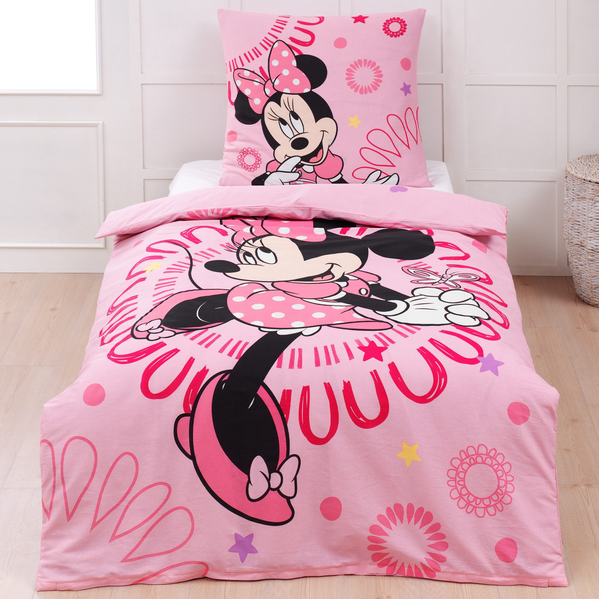 BERONAGE Kinderbettwäsche Minnie Mouse Sweet Pink Bettwäsche Biber / Flanell, 100% Baumwolle, 2 teilig, 135x200 + 80x80 cm – Bild 5 von 5