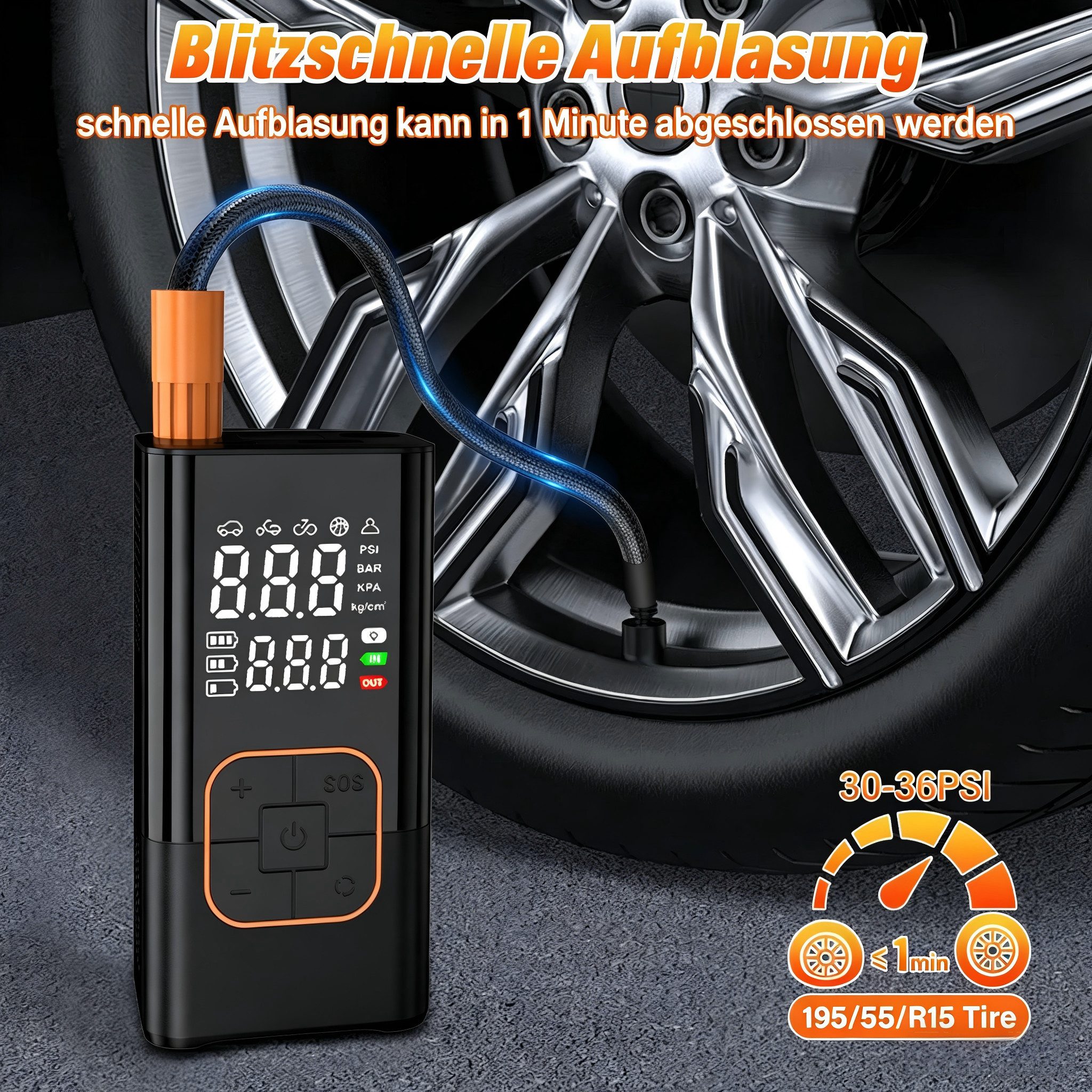 AIBISTAR Fahrradpumpe Akku-Luftpumpe Elektrische Tragbare Luftpumpe,150PSI mit Powerbank LED (Packung, 9-tlg., wiederaufladbare Luftpumpe, Mini Kompressor), 6000 mAh,4 Druckeinheiten (PSI, BAR, KPA, kg/cm),mit SOS Notfallmodus