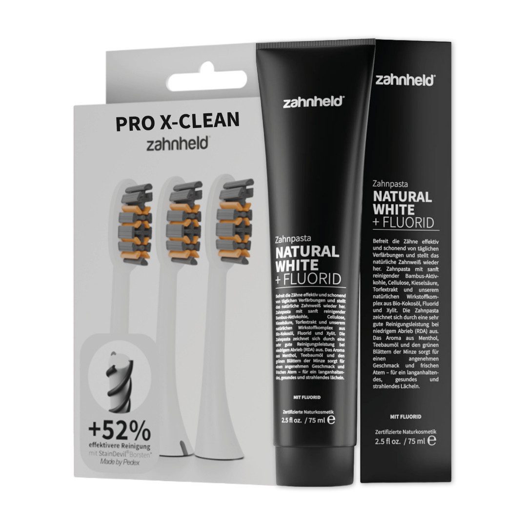 Zahnheld Aufsteckbürsten Natural White Zahncreme mit Bürstenköpfen Pro X-Clean - Zahnpflege Set, Minzgeschmack, 3 Pro X-Clean, 75ml Tube, Zahnpflege mit Torfextrakt, Bambus-Aktivkohle, Kieselsäure & Cellulose