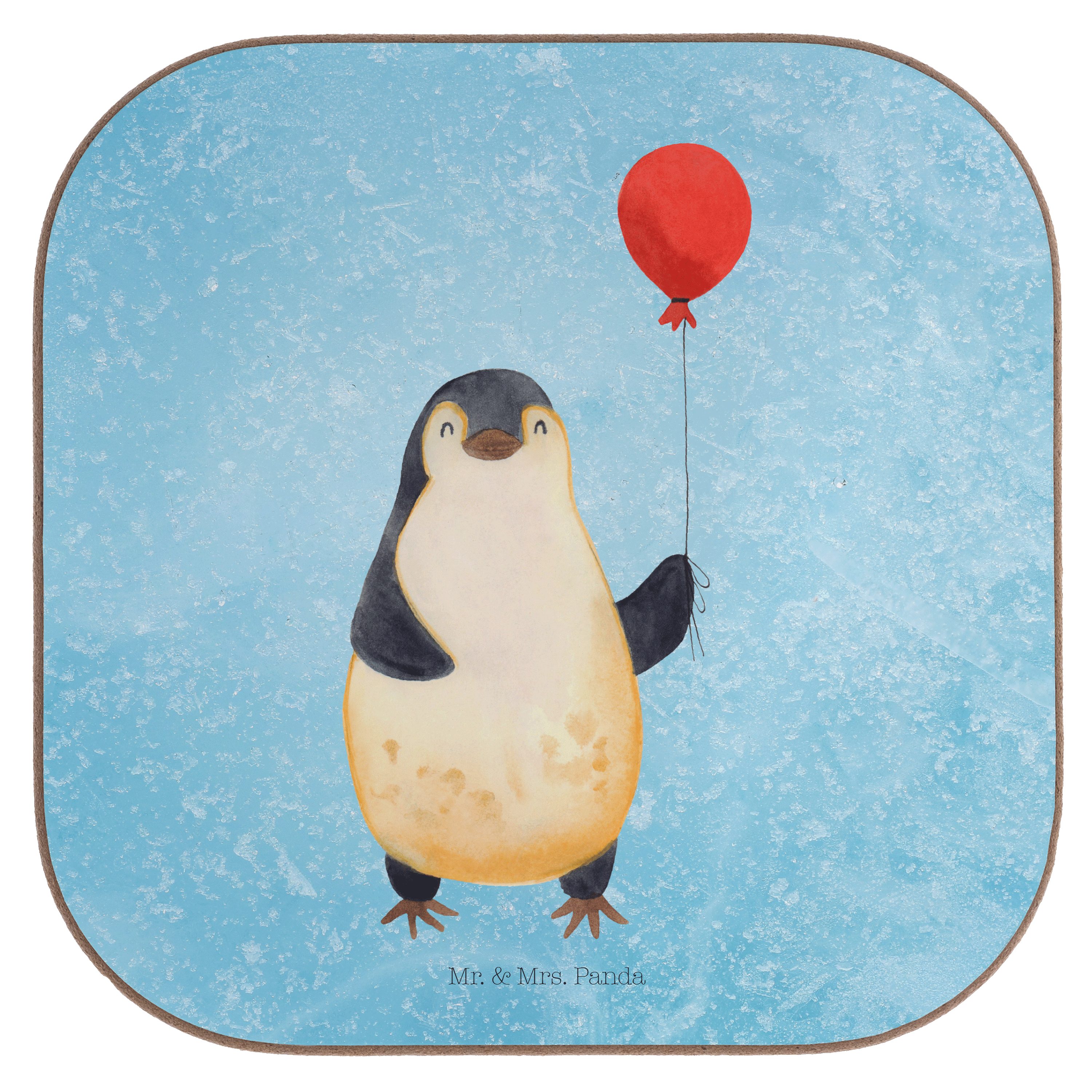 Mr. & Mrs. Panda Getränkeuntersetzer Pinguin Luftballon - Eisblau - Geschenk, Glasuntersetzer, Glück, fröh, 1-tlg.