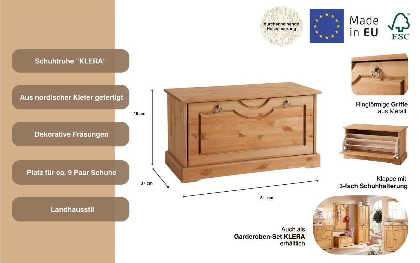 OTTO home Schuhtruhe Klera, Breite 81 cm, aus massiver Kiefer, FSC®-zertifiziert