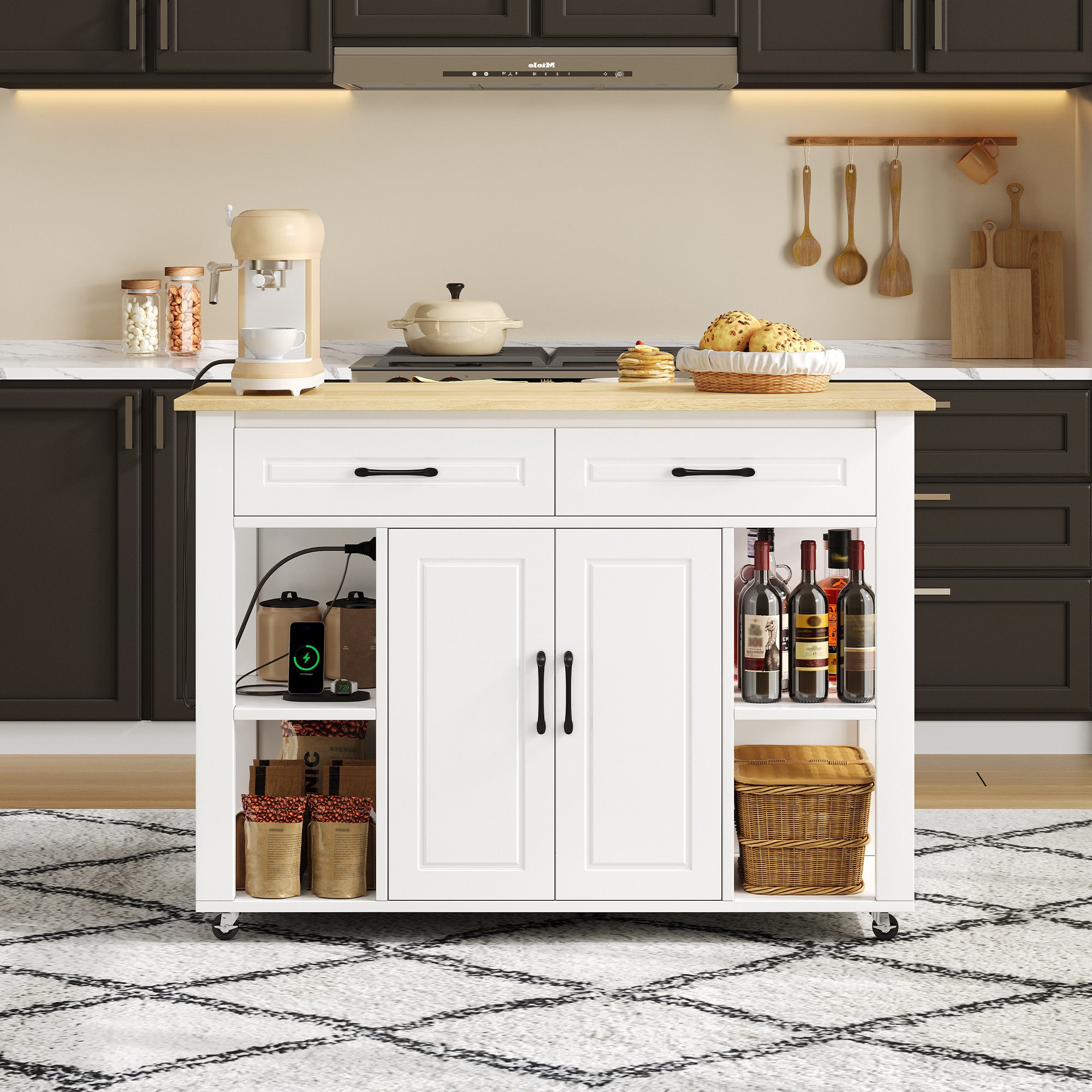 Ulife Kücheninsel 120 cm ausziehbare mobile Kücheninsel mit Bartheke & Steckdosen, 2 Schubladen, 2 Türen mit Türregalen – für Küche & Esszimmer