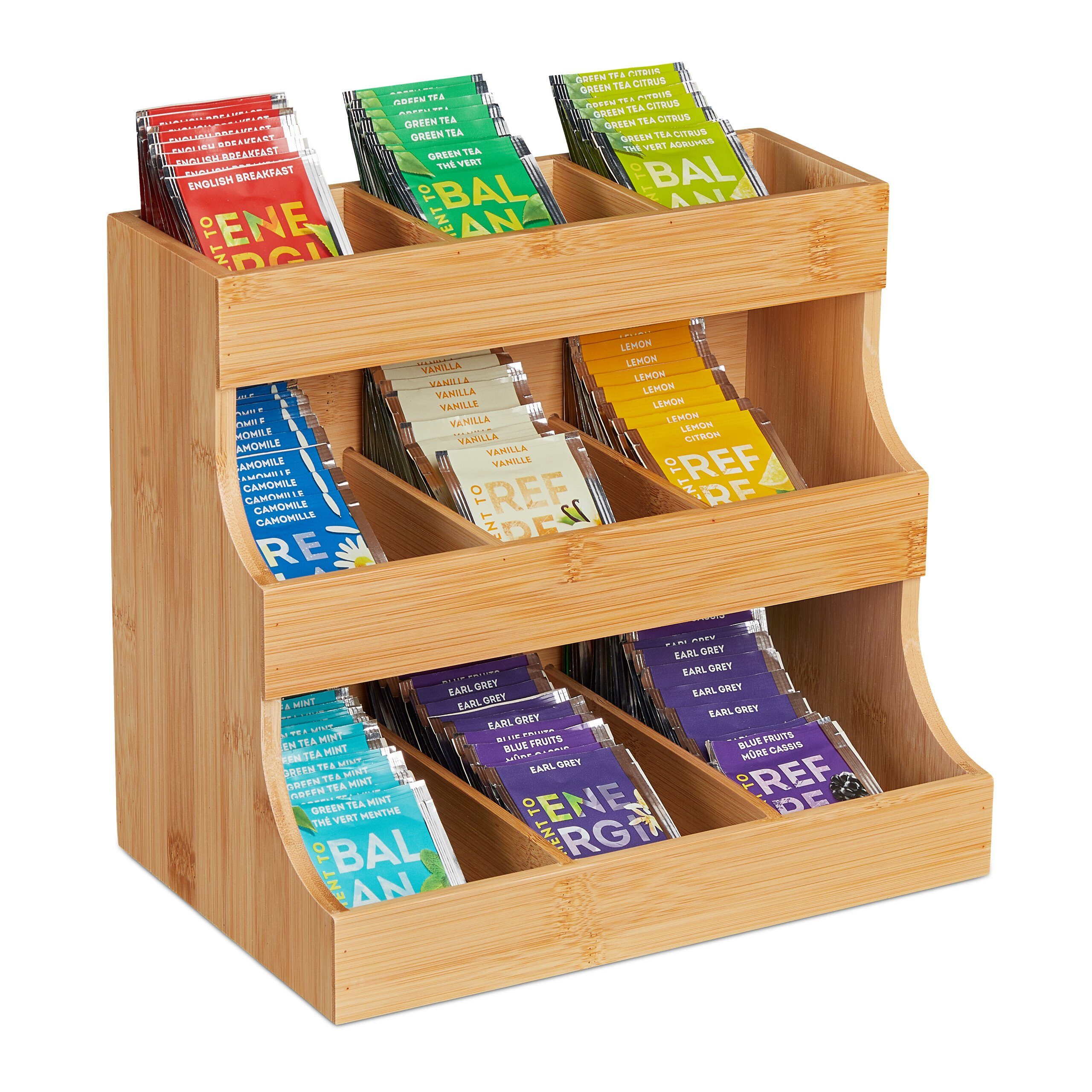 relaxdays Teebox Tee Organizer aus Bambus 9 Fächer, Bambus