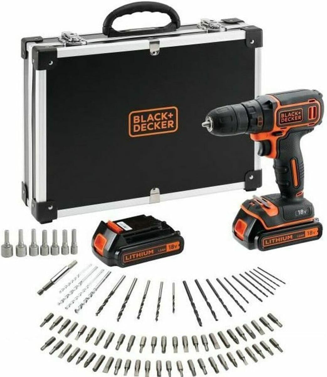Black + Decker Akku-Bohrschrauber Akku-Bohrschrauber 18 V, enthält 2x 1,5-Ah-Akkus, 80 Zubehörteile, (1-tlg)