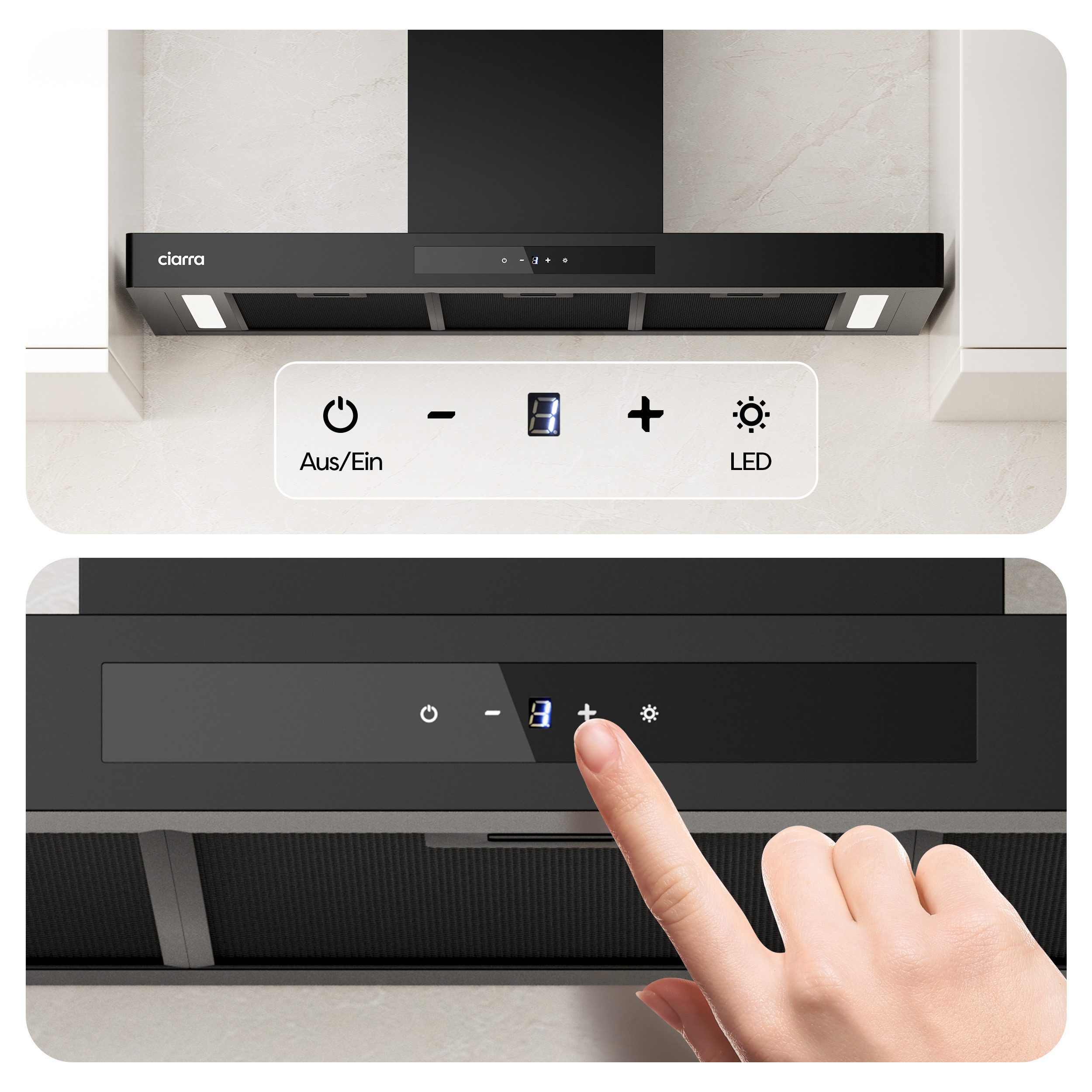 CIARRA Wandhaube 90 cm Dunstabzugshaube A+++ 700 m³/h Umluft & Abluft 4 Stufen VMB9102P Aktivkohlefiltern, Fettfiltern, LED, WIFI-APP Touch Control mit BOOST – Bild 5 von 5
