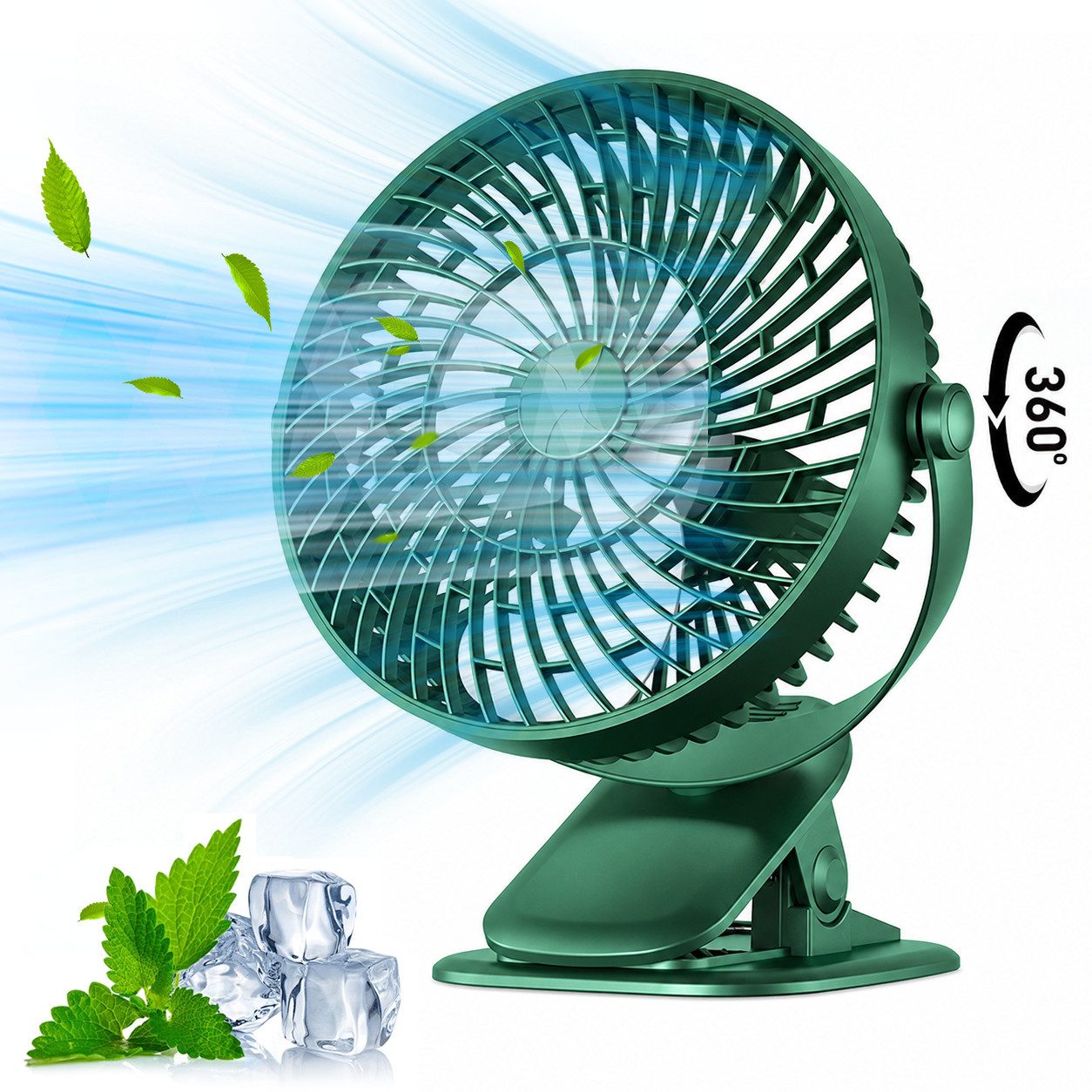 MOPUEA Standventilator 360° Drehbar Klemm-Ventilator Luftzirkulationsventilator USB, Tischventilator 3 Windstufen Standventilator Luftzirkulation Leise