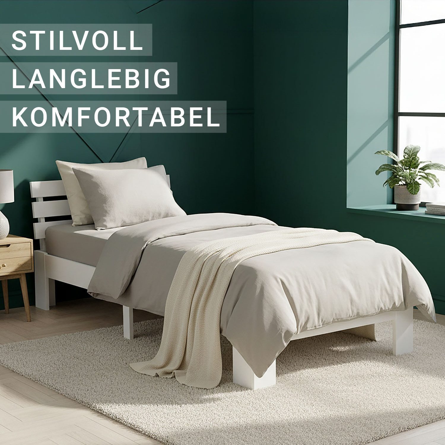 Homestyle4u Holzbett 90x200 120x200 140x200 160x200 180x200 Doppelbett Kopfteil Lattenrost (Set, mit Lattenrost, Weiß), 90x200, modern, stabil