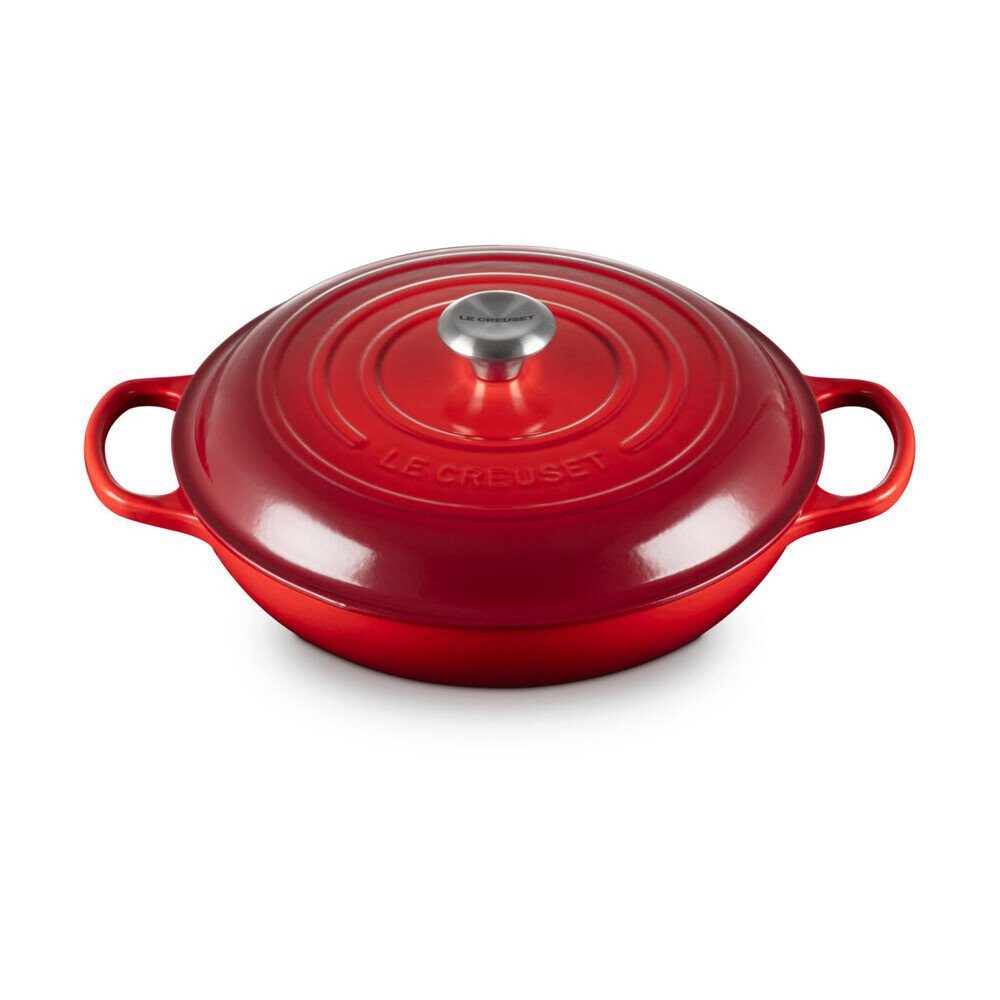 LE CREUSET Bräter Gourmet-Profitopf mit Deckel 30 cm Signature Kirschrot, Emailliertes Gusseisen, flacher Schmortopf, Cocotte, Servierpfanne, ca. 3-4 Pers., Ø30cm, rot