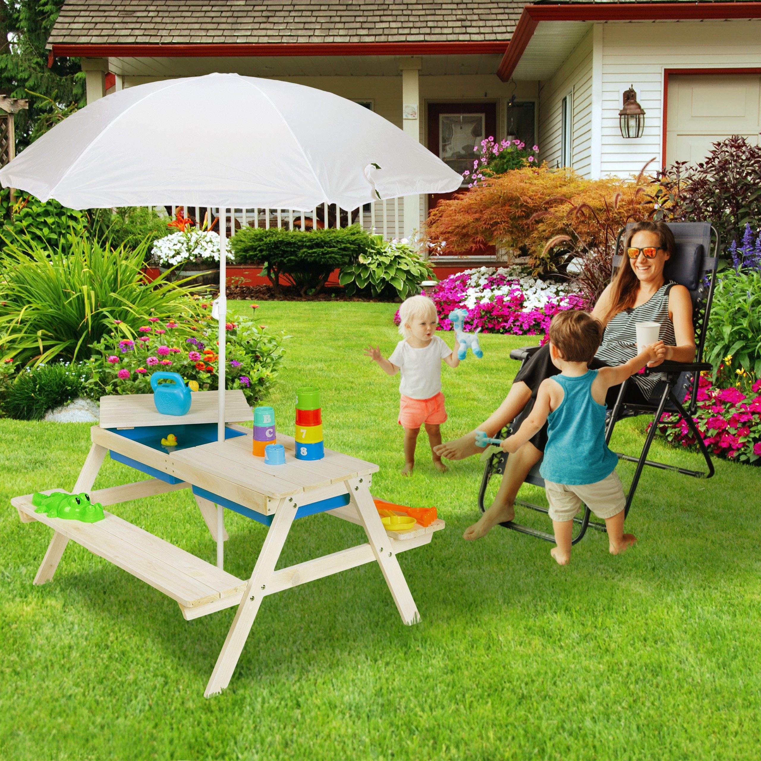 relaxdays Garten-Kindersitzgruppe Weiße Kindersitzgruppe Holz mit Schirm