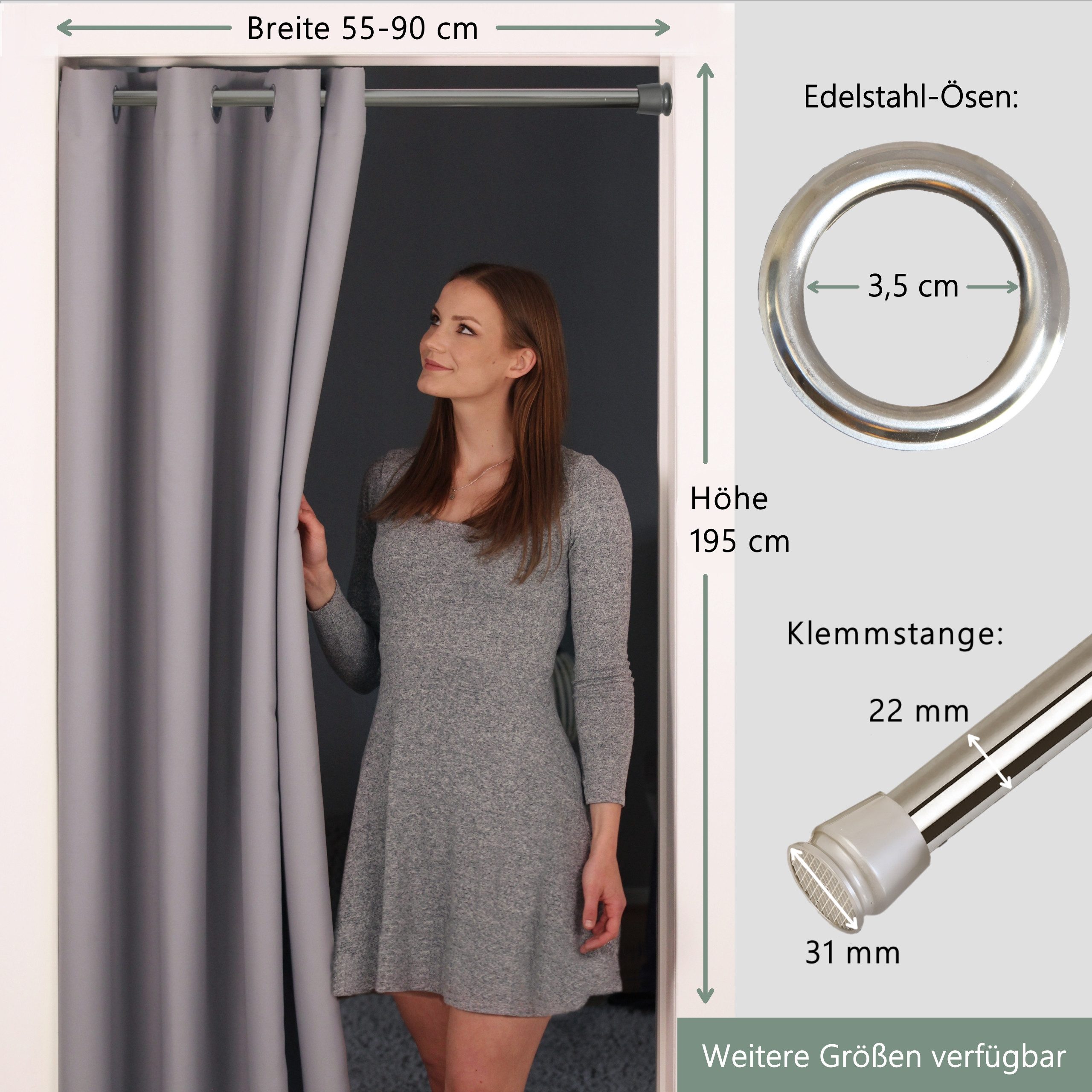 tinycurtains Türvorhang mit Stange silber 55-90 cm ohne Bohren, Thermo Vorhang mit Magneten, Ösen, abdunkelnd, Polyester, blickdicht, hellgrau Moonlight, Türgardine mit Klemmstange verdunkelnd