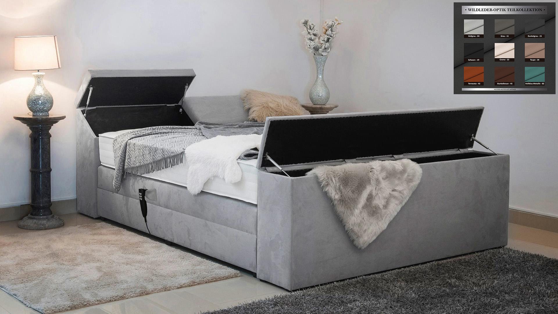 PAARA Boxspringbett Dubai elektrisch verstellbar mit Motor Stauraum, inkl. Matratze und Topper, mit einzigartigem Belüftungssystem