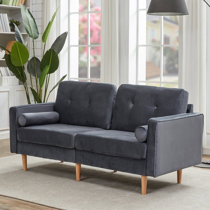 LBF 2-Sitzer Couch-2 sofa mit dekorativer Knopfheftung Beine aus Massivholz Zweisitzer Couch 180x80x85cm Samt zwei Farben zur Auswahl