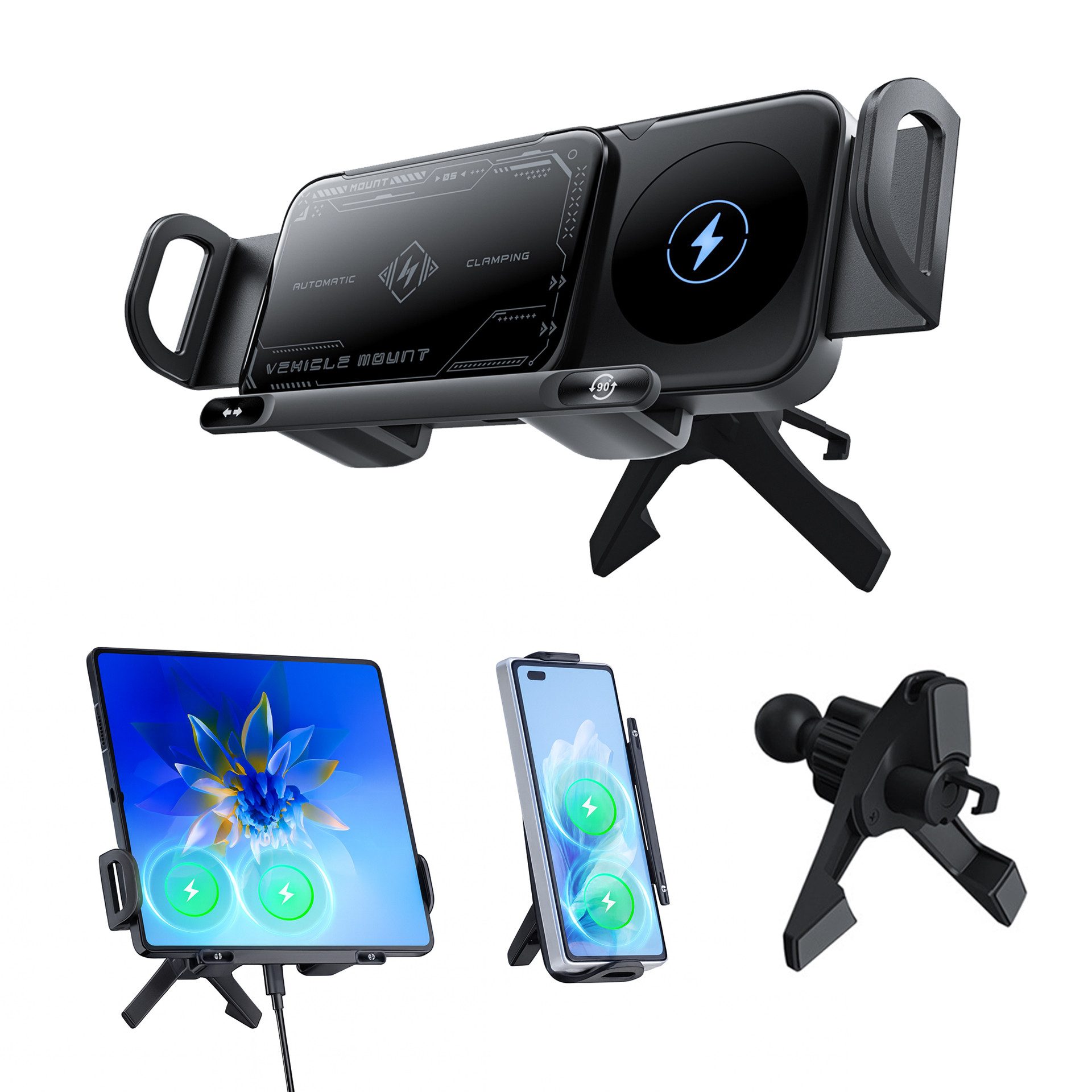 JASMART Smartphone-Halterung Handyhalterung Auto KFZ für iPhone Samsung Galaxy Z Fold/Flip, (1× Handyhalterung, 1× Lüftungsklammer, 1× Kabel, 1× Anleitung, Kompatibel mit Foldables & Smartphones, Qi-Schnellladen 15W)