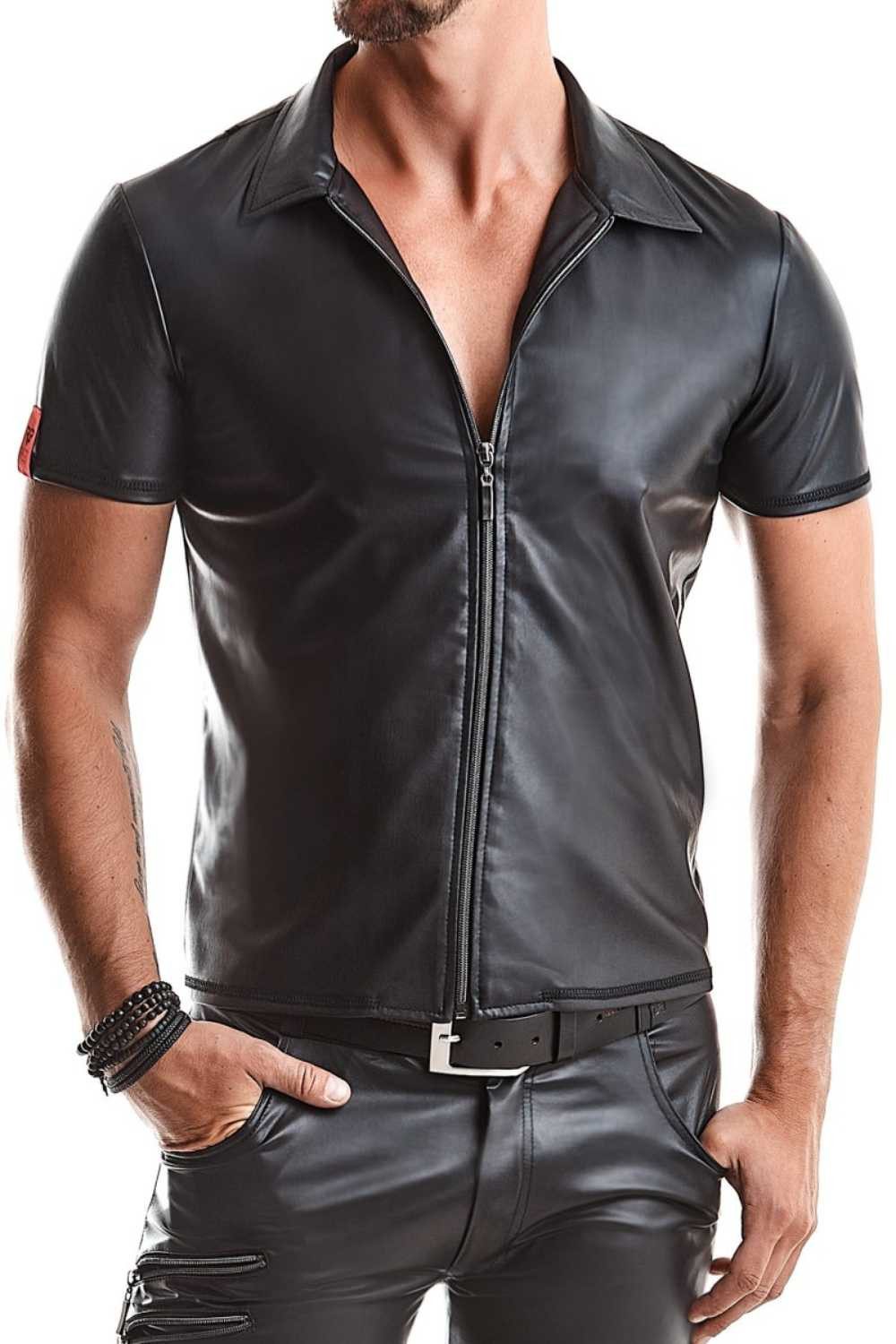 Regnes Fetish Planet Kurzarmhemd Remo Polo Shirt Wetlook mit Reißverschluß