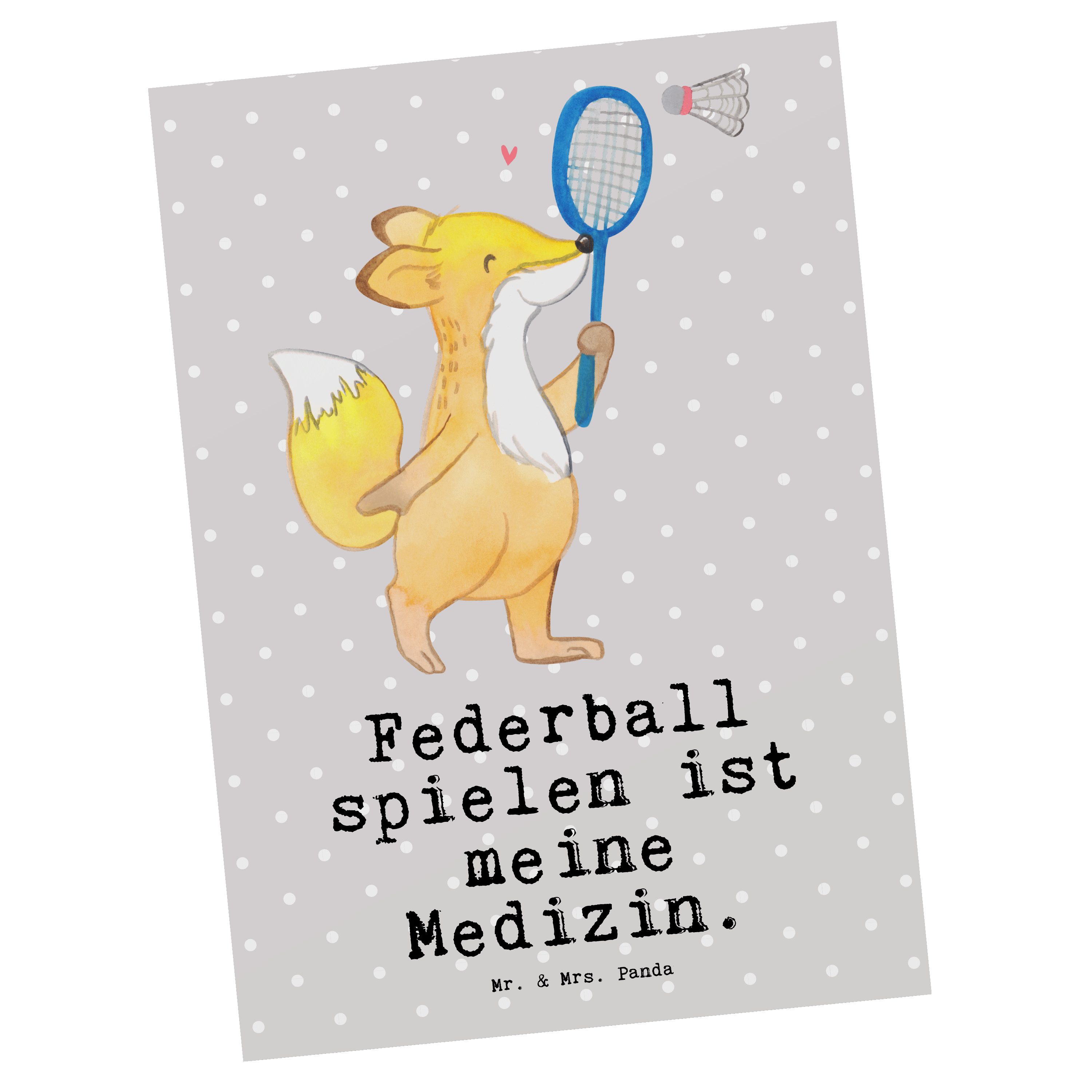 Mr. & Mrs. Panda Postkarte Fuchs Federball spielen Medizin - Grau Pastell - Geschenk, Einladung