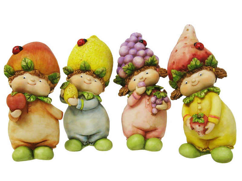 ELLUG Dekofigur 4er Set stehende Früchtekinder mit Früchtehut und Obst, Sommer Deko Figuren aus Kunststein H.: 16cm