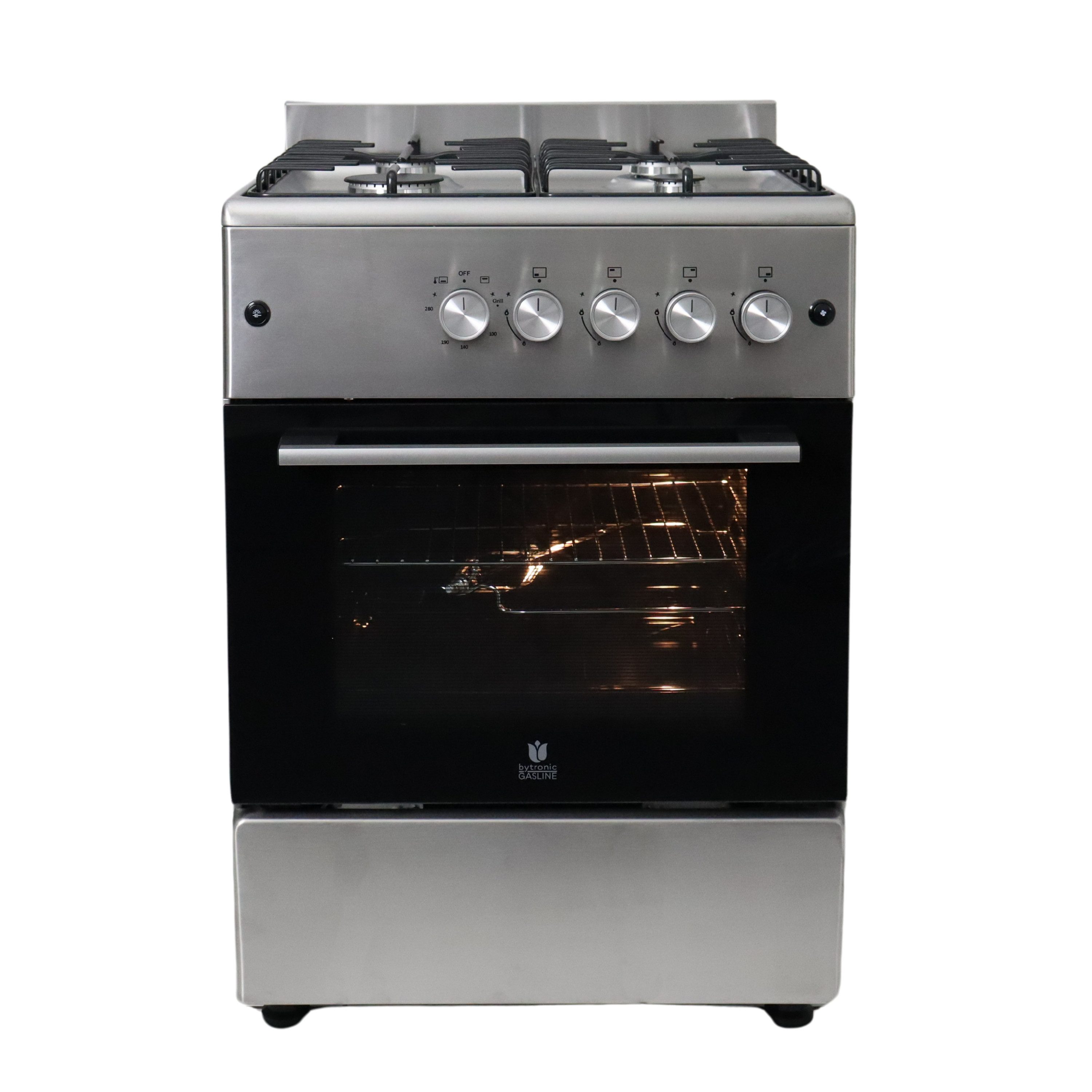 Gasline Gas-Standherd mit Gasbackofen mit Thermostat, 60cm breit SHGG6060FGIX, mit Grill, Umluft, Drehspieß & Beleuchtung, Edelstahl, Zündsicherung, Elektrische Zündung, Erdgas Propangas