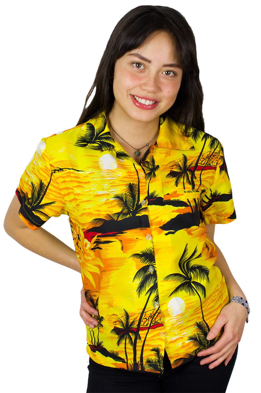 King Kameha Hawaiihemd Surf Funky Hawaiibluse Damen Kurzarm Front-Tasche Stylish