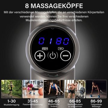 oyajia Massagegerät Massagepistole, Massage Gun Massagegerät mit 99 Geschwindigkeiten, Muskelentspannung,Handmassagegerät mit 8 Massageköpfen,LED Touchscreen