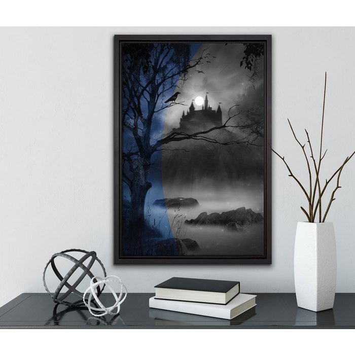 Pixxprint Leinwandbild Wald mit Burg bei Nacht Wanddekoration (1 St) Leinwandbild fertig bespannt in einem Schattenfugen-Bilderrahmen gefasst inkl. Zackenaufhänger