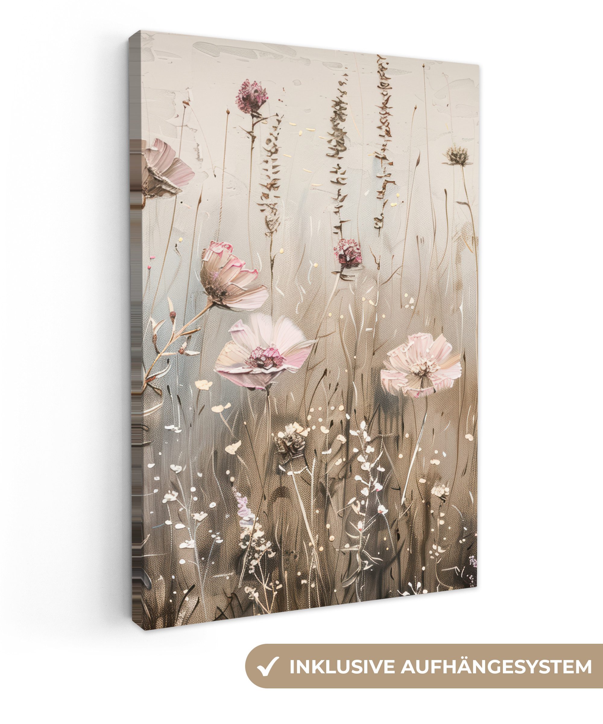 OneMillionCanvasses® Leinwandbild Blumen - Rosa - Modern - Beige, Fotodruck (1 St), Leinwand Canvas Wandbild, Wanddekoration 20x30 cm