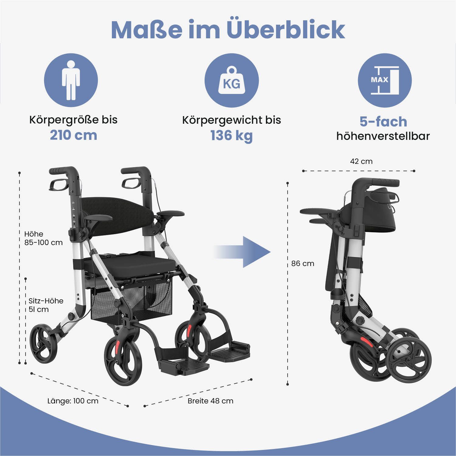 ELONEO Rollator 2in1 Rollator & Rollstuhl, Faltbar und Leicht, Outdoor-Gummireifen, mit Stiz & Netztasche