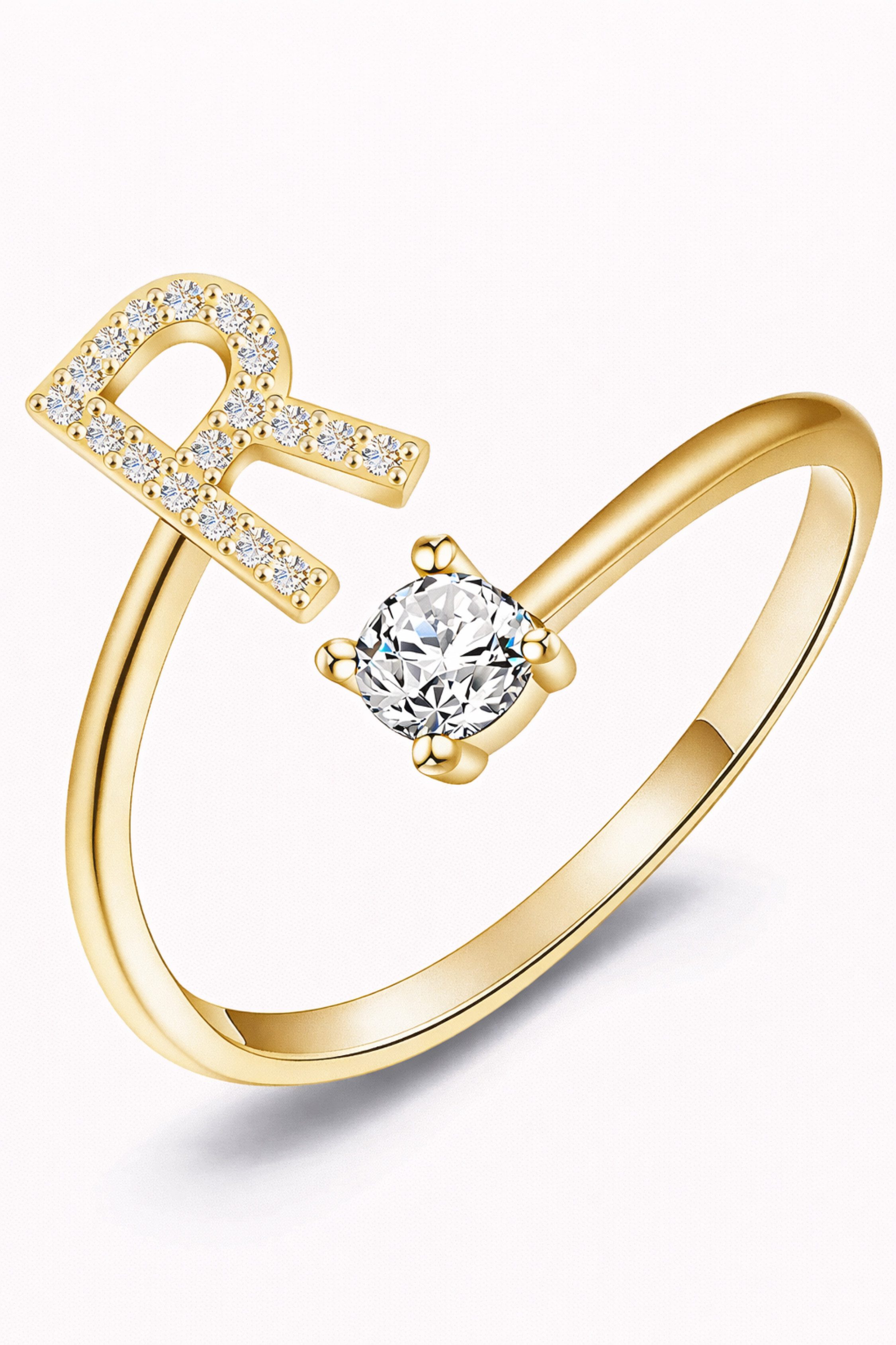 S&T Design Fingerring Buchstaben Ring Damen 14K Gold Vergoldet Silber Verstellbar Wasserfest (Goldring Geschenke für Frauen Freundin Mädchen Schmuck, 1-tlg., Buchstabenring), Damenring langlebigem Edelstahl Verstellbare Größe 50 - 60 Modeschmuck