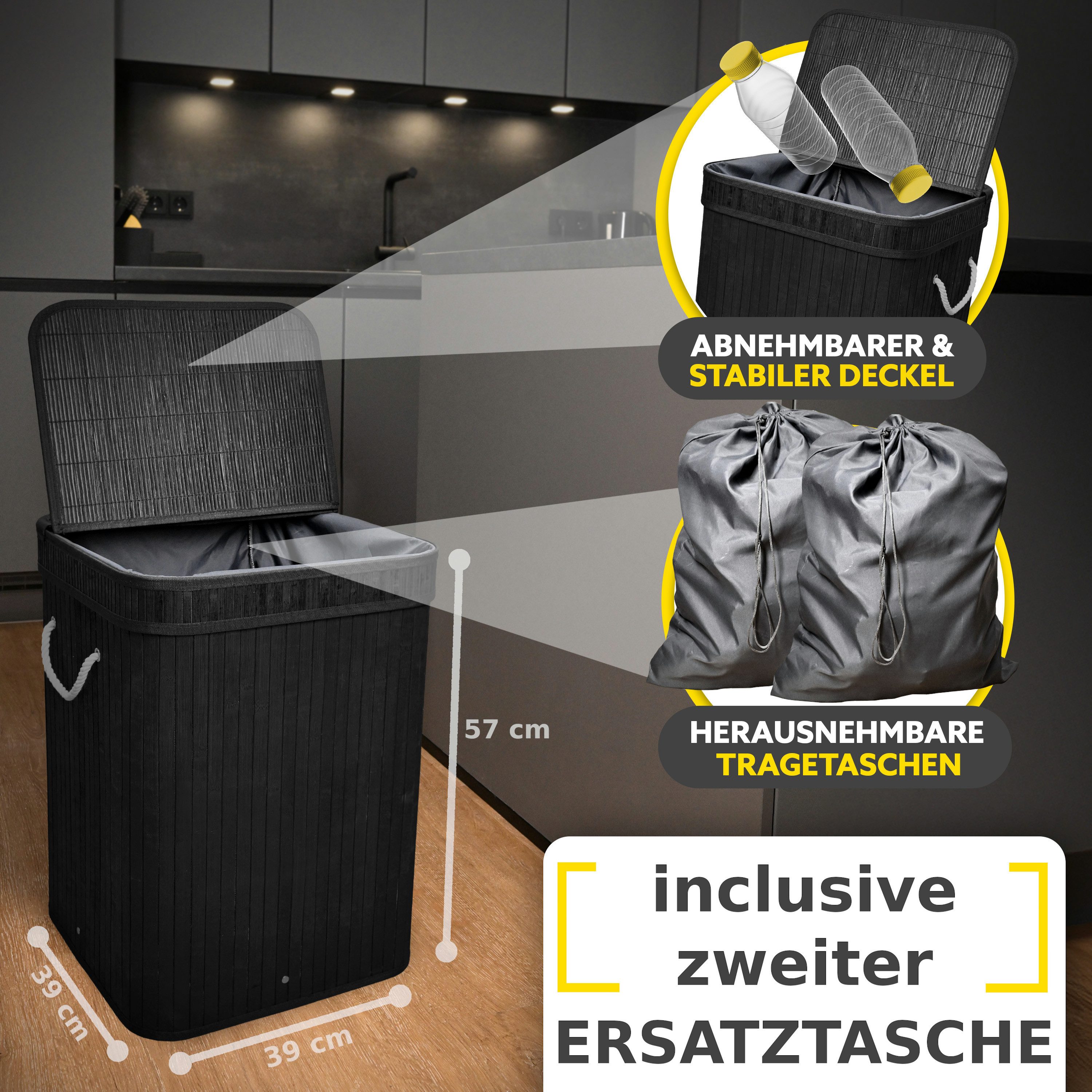 HANDFILL Flaschensammler Wäschekorb Bambus 90L mit Deckel – Pfandflaschen & Recyclingbehälter (Recycling- und Aufbewahrungs-Set aus Bambus – ideal für Pfandflaschen & Wäsche, Praktisches 3-tlg. Set Bambusbehälter 2 Tragetaschen für Pfandflaschen), Stabiler Bambusbehälter mit Stoffeinsatz für Pfandflaschen & Wäsche