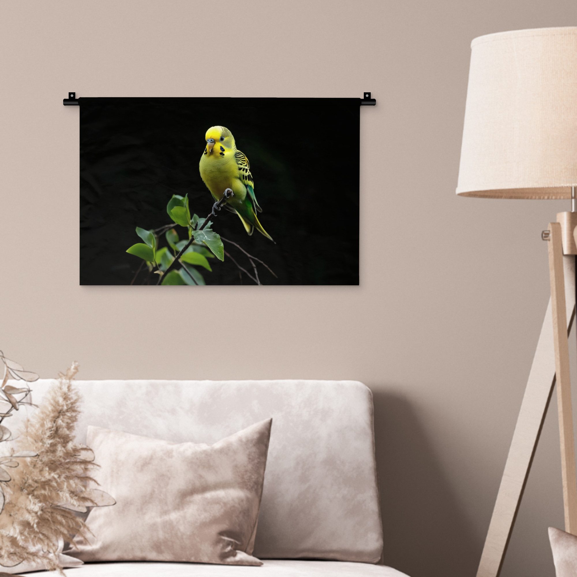 MuchoWow Wandteppich Sittich - Zweig - Blätter - Gelb, Rechteckig, Höhe: 3 mm, Wandteppich für Wohnzimmer, Schlafzimmer, 60x40 cm