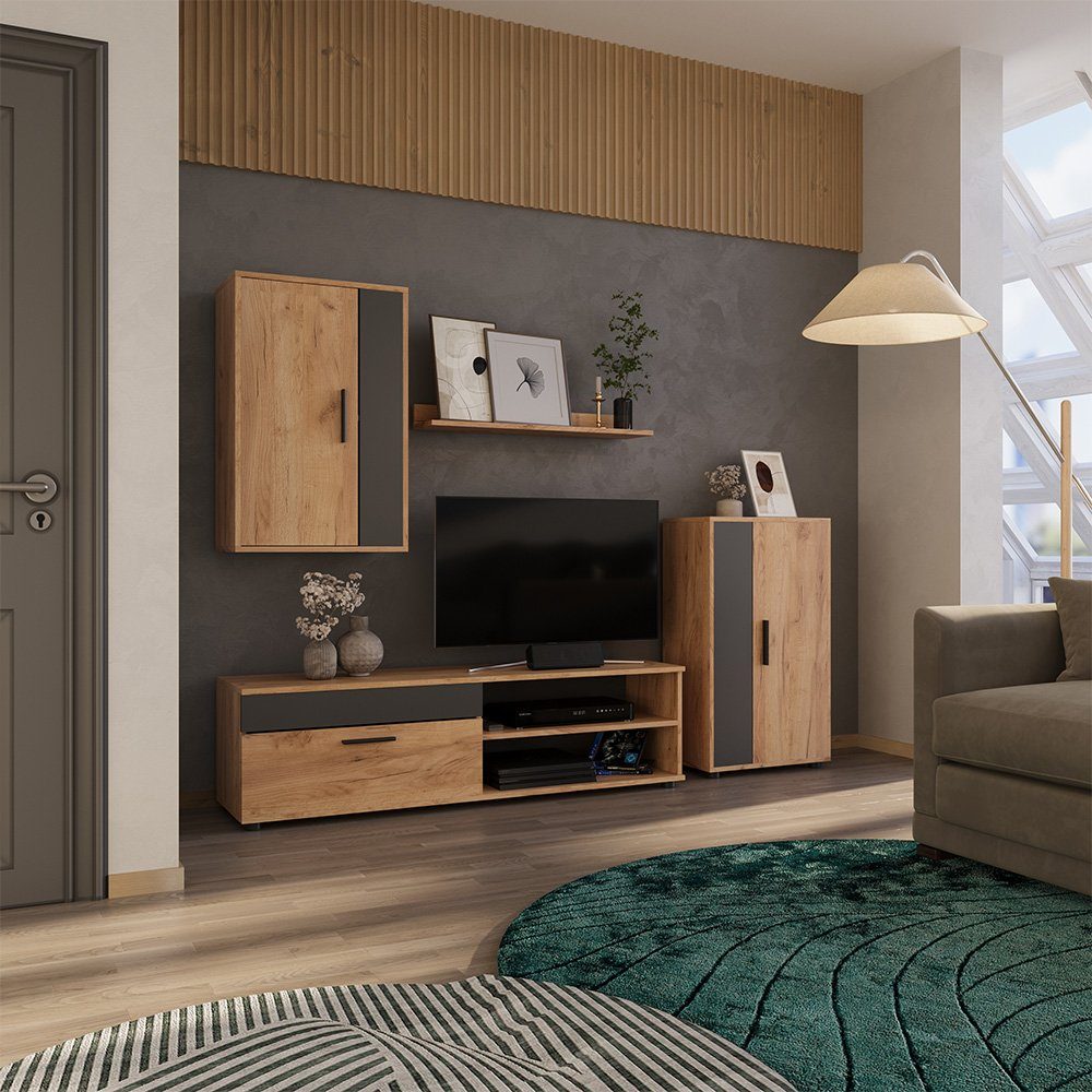 Vicco Wohnwand Berno, Goldkraft Eiche/Anthrazit, 4er Set, (4-St., 4-er Set)