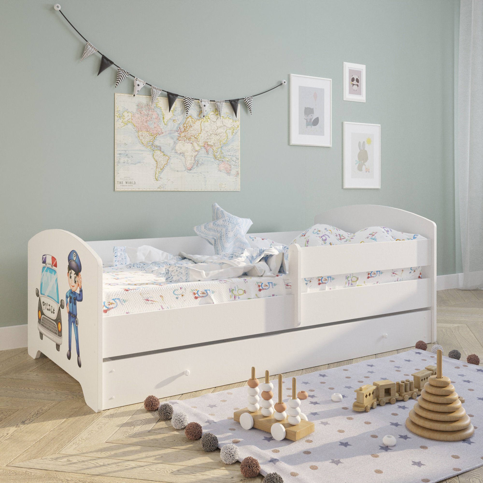 Kinderbett mit Matratze 70x140cm Juniorbett Rausfallschutz Bettkasten Bett Weiß 