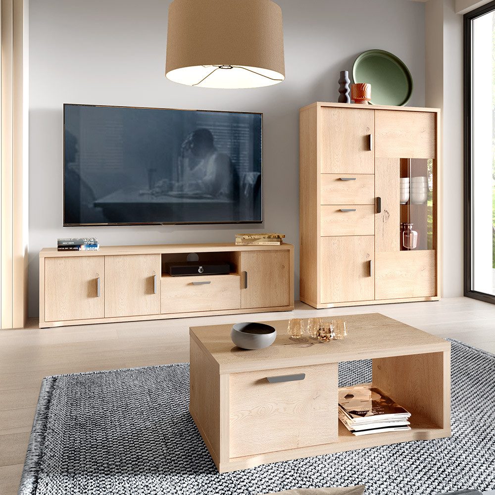 Lomadox Wohnzimmer-Set GENOVA-161, (Mega-Spar-Set, 3-St., Lowboard Highboard Couchtisch), Wohnwand in Eiche mit viel Stauraum & Softclose-Funktion