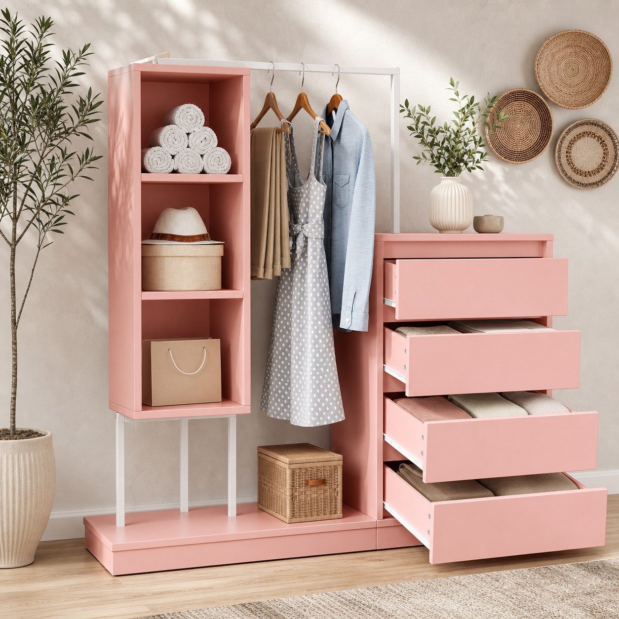 REDOM Garderoben-Set Kleiderschrank-Set,Schubladenschrank, (Rosa Kleiderschrank mit Schubladen & Kleiderstange – Minimalistisches Design, Stabilität durch Metallrahmen., 1-St., B140/W40/H135)