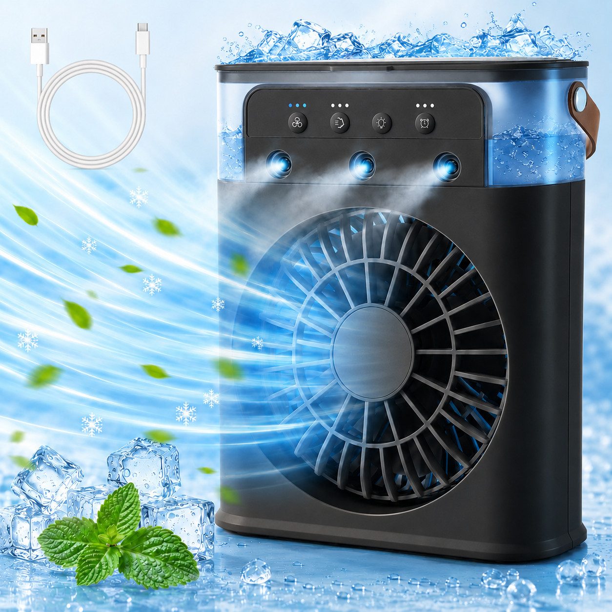 MOPUEA Ventilatorkombigerät Tragbarer Mini Luftkühler mit 600 ml Wassertank 2 Sprühmodi, 3 Geschwindigkeitsstufen 7 LED Farben Timer für Schlafzimmer und Büro