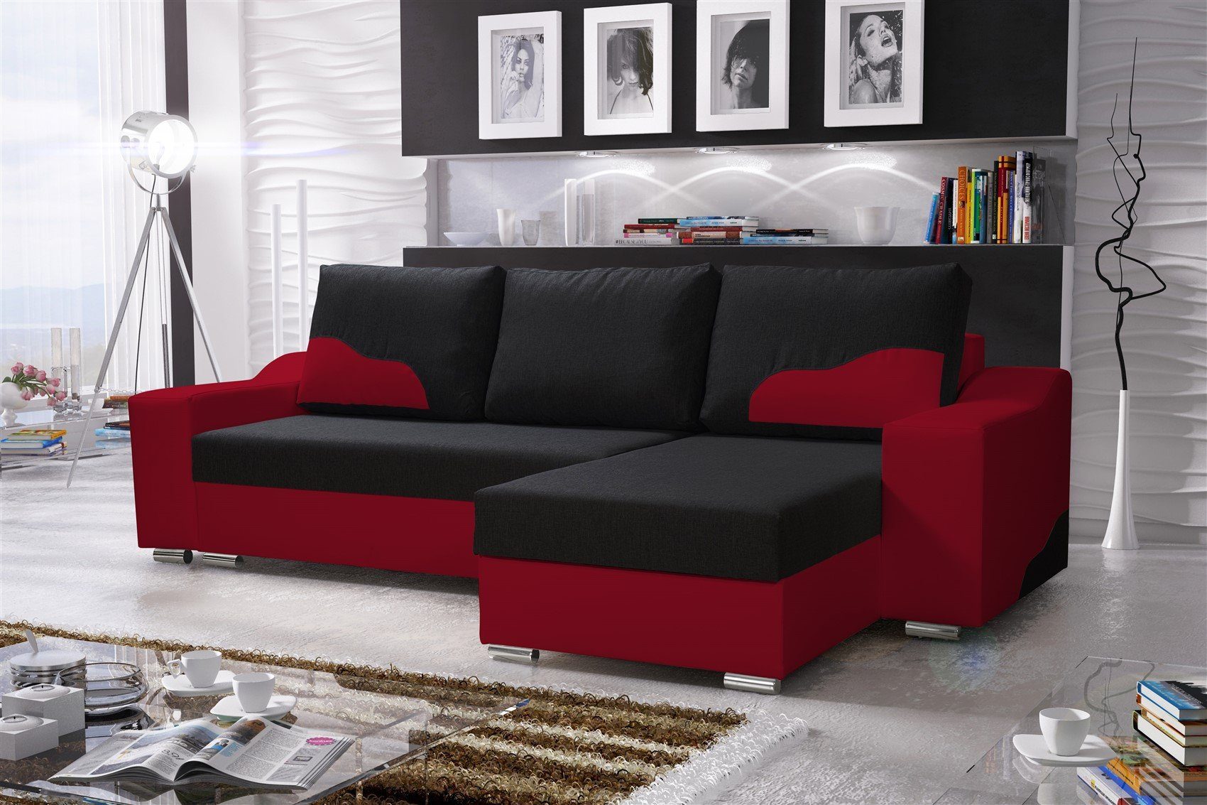 Fun Möbel Ecksofa Ecksofa Designersofa COLLIN mit mane, 2 x Bettkasten Rot-Schwarz