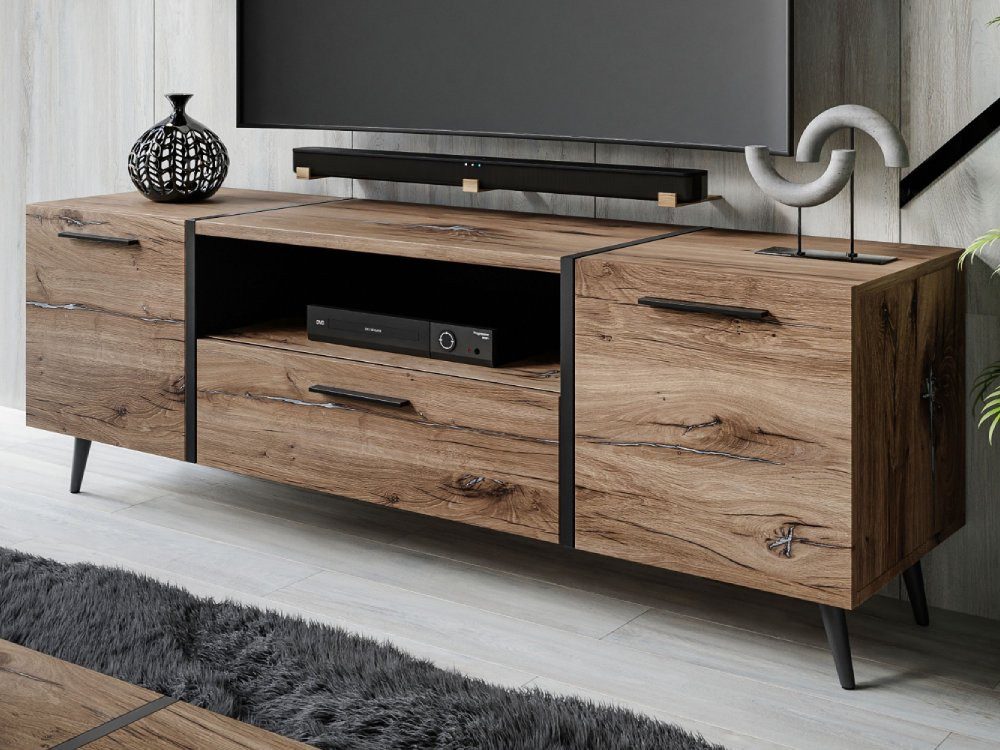 ALLHOUSE24 TV-Schrank Eiche rustikal Holzoptik Loft Design mit Metallbeinen Industrial Breite 158 cm