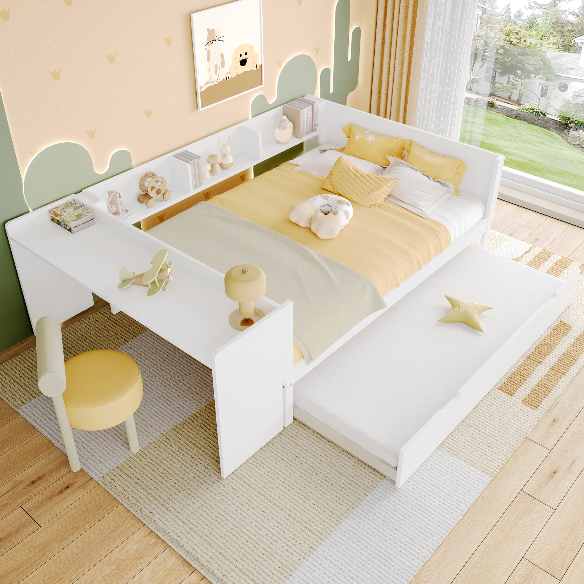Odikalo Ausziehbett Daybett Flachbett Rollbett Schreibtisch Regalen Rosa/Weiss 140x200cm