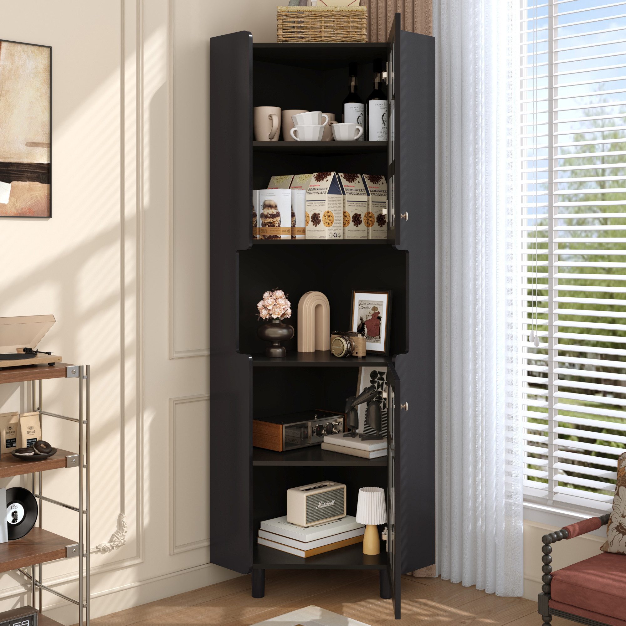 Flieks Badkommode Eckschrank mit LED-Beleuchtung und Glastüren (1 St., 63,5x45x157,5 cm), Hochschrank Mehrzweckschrank Eckkommode mit 5 Fächern Schwarz – Bild 4 von 5