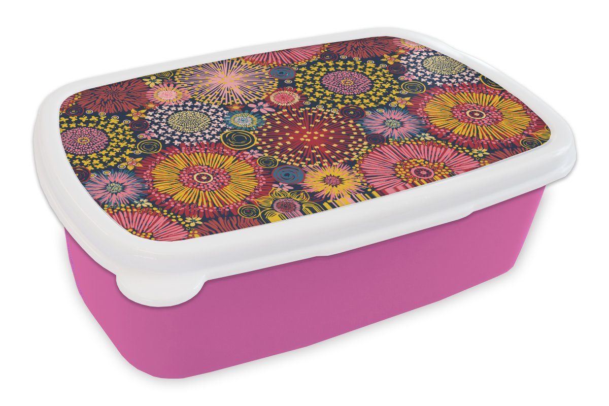 MuchoWow Lunchbox Blumen - Muster - Linie, Kunststoff, (2-tlg), Brotbox für Erwachsene, Brotdose Kinder, Snackbox, Mädchen, Kunststoff rosa