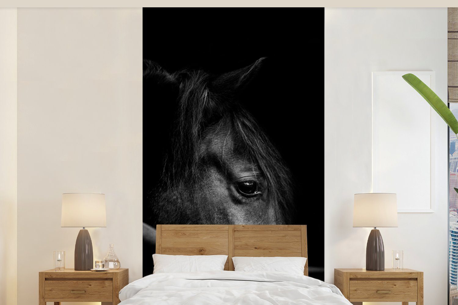MuchoWow Fototapete Pferde - Porträt - Schwarz - Tiere, Matt, bedruckt, (2 St), Vliestapete für Wohnzimmer Schlafzimmer Küche, Fototapete