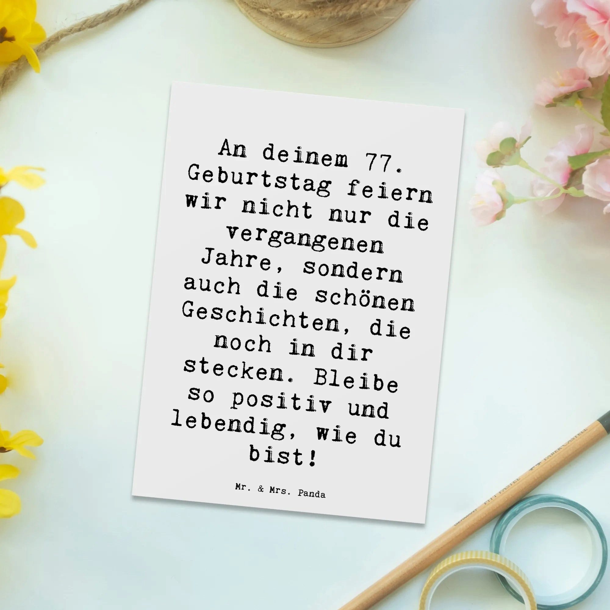 Thumbnail - Mr. & Mrs. Panda Postkarte Spruch 77. Geburtstag Geschichten - Weiß - Geschenk, vergangene Jahre, Charmantes Design