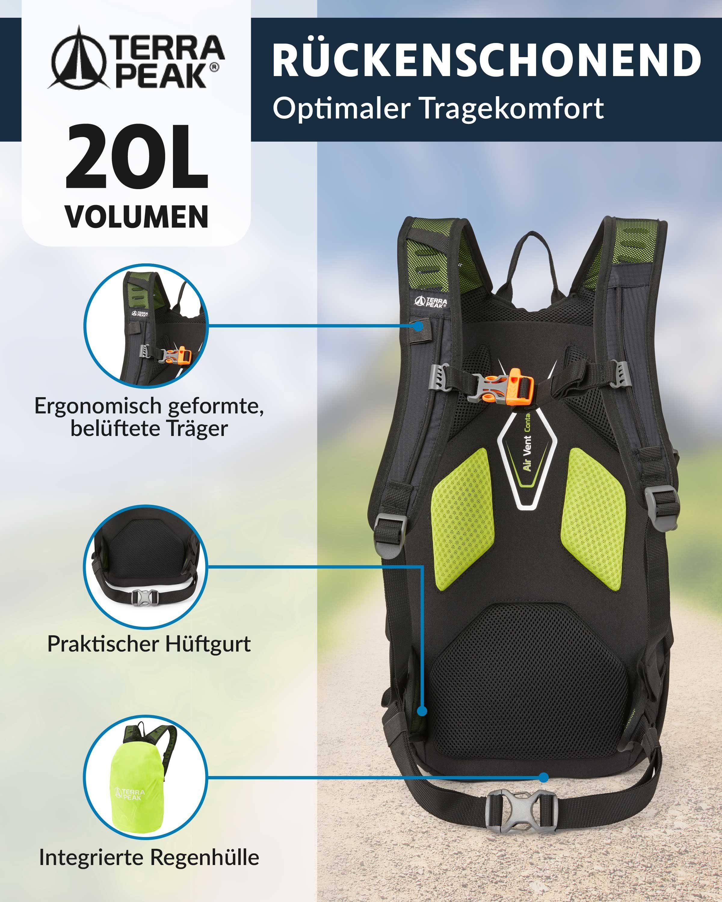 Terra Peak 20, 20L Schwarz Hüftgurt Active Reißverschluss YKK mit mit Sportrucksack Trekkingrucksack klein