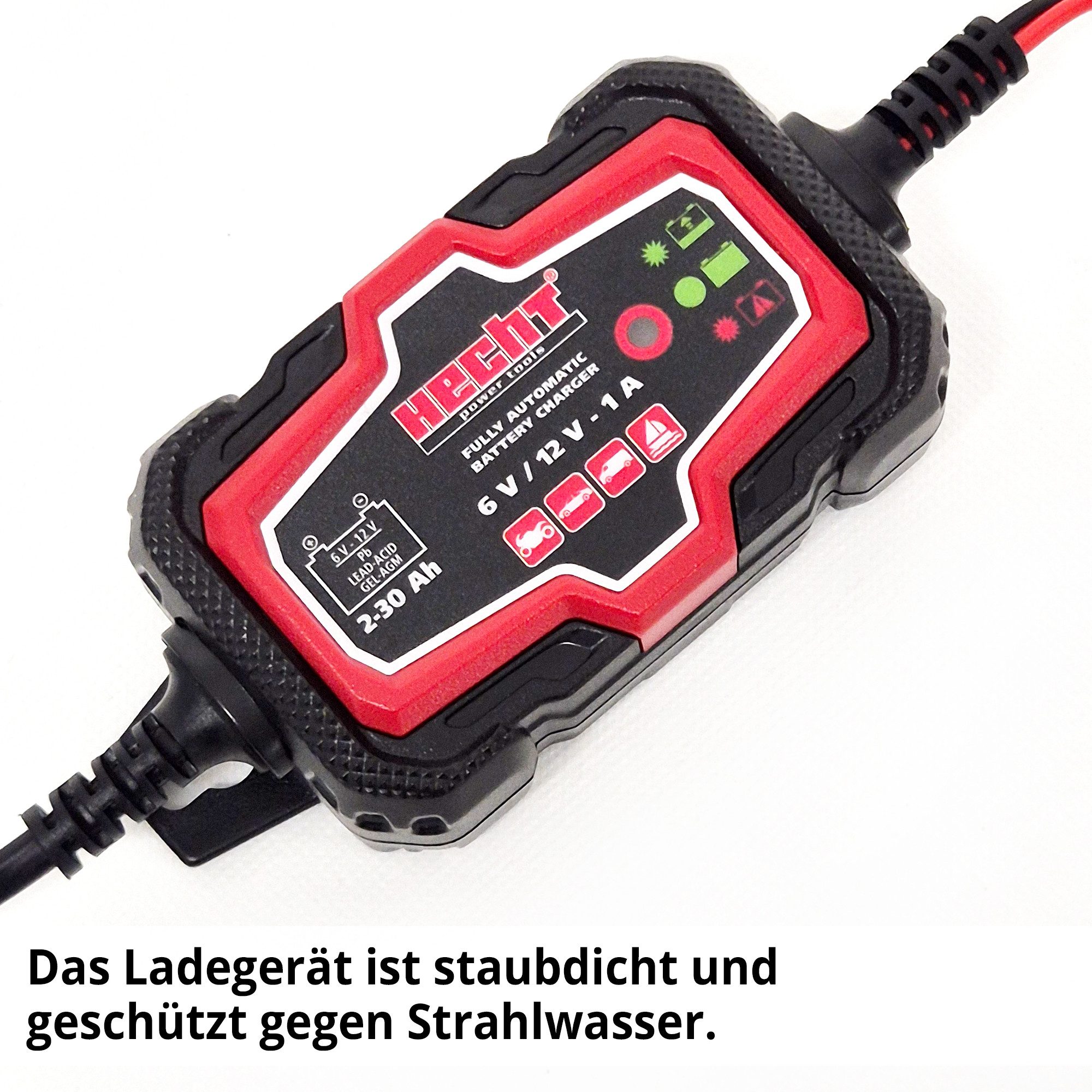 Hecht 2030 Erhaltungsladegerät 6V 12V 1A AGM GEL Blei IP65 2-30 Ah Batterie-Ladegerät (1000 mA, Vollautomatisch, Batteriepflege, Überwinterung, wetterfest)
