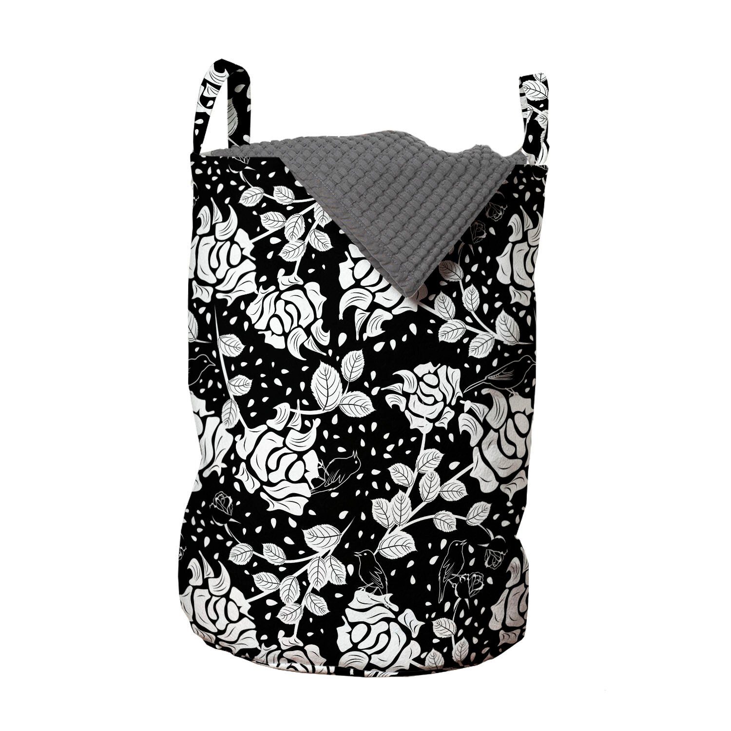 Abakuhaus Wäschesäckchen Wäschekorb mit Griffen Kordelzugverschluss für Waschsalons, Schwarz und weiß Rosen-Blüten und Vögel